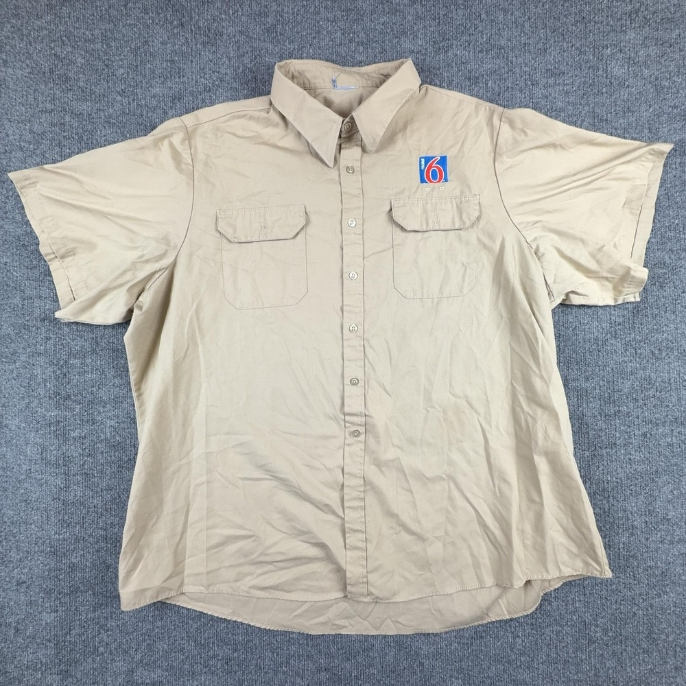 Motel 6 Shirt Mens 3XL Beige Short Sleeve Button Front Workwear Uniform Logo